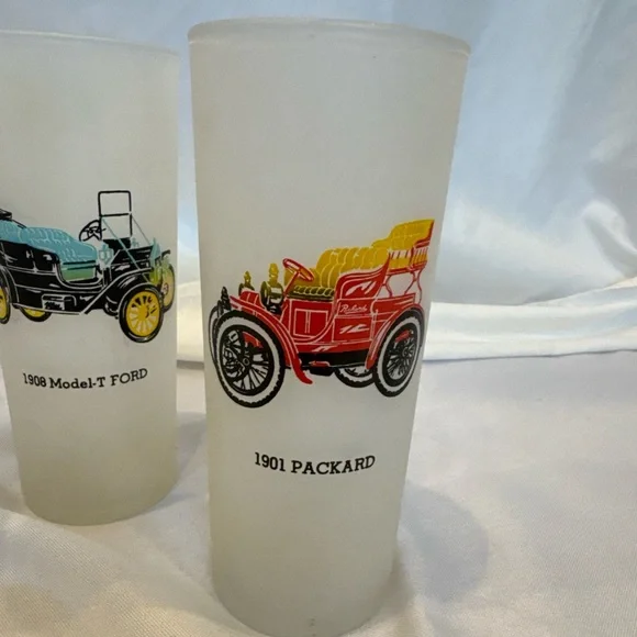 Vintage Car Drinking Glasses, Frosted Glass, Set of 4, Chevy, Ford, Cadillac… - Picture 5 of 10